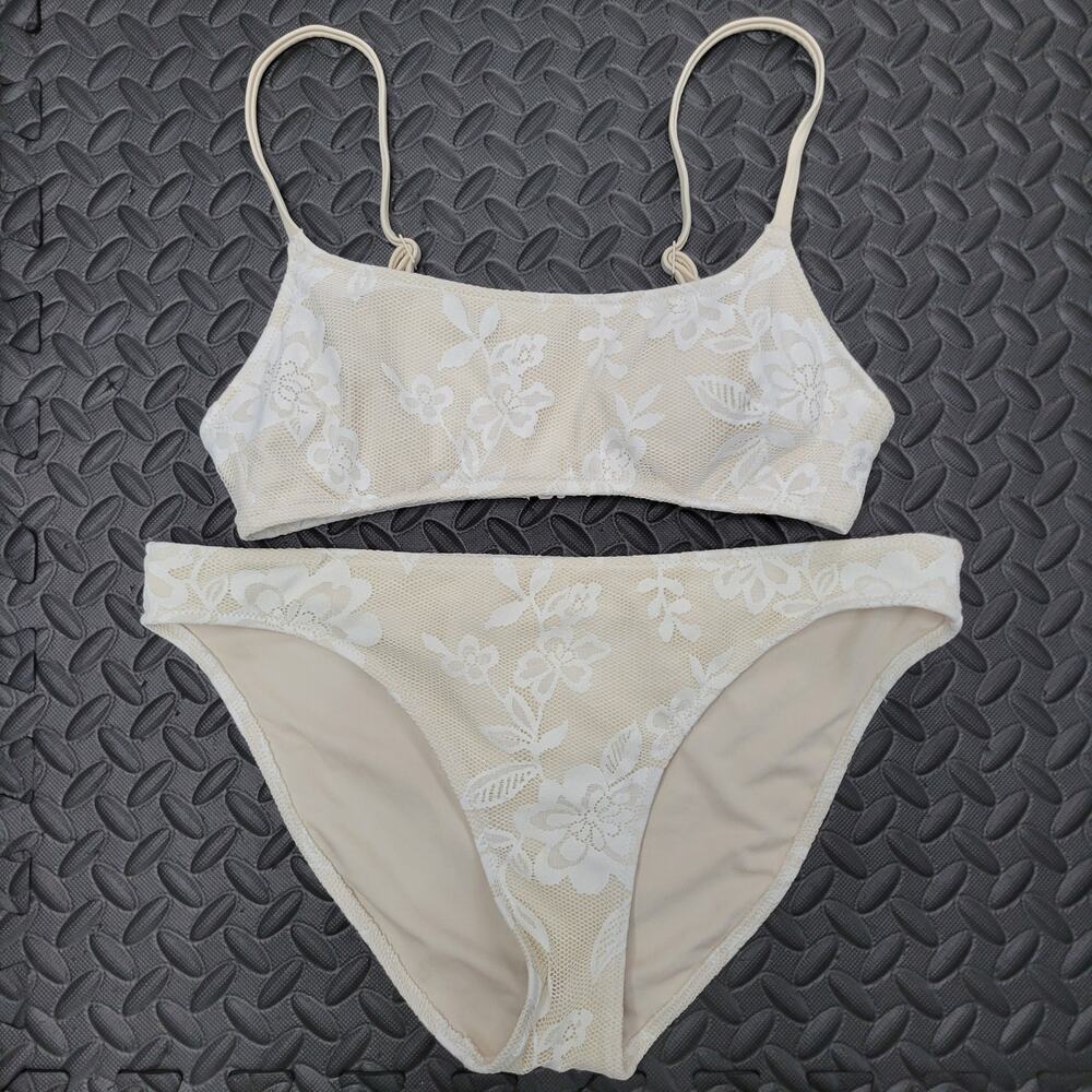 Aerie Real Good Lace Bikini Swimsuit Set Women's S Top M Bottom Ivory Floral